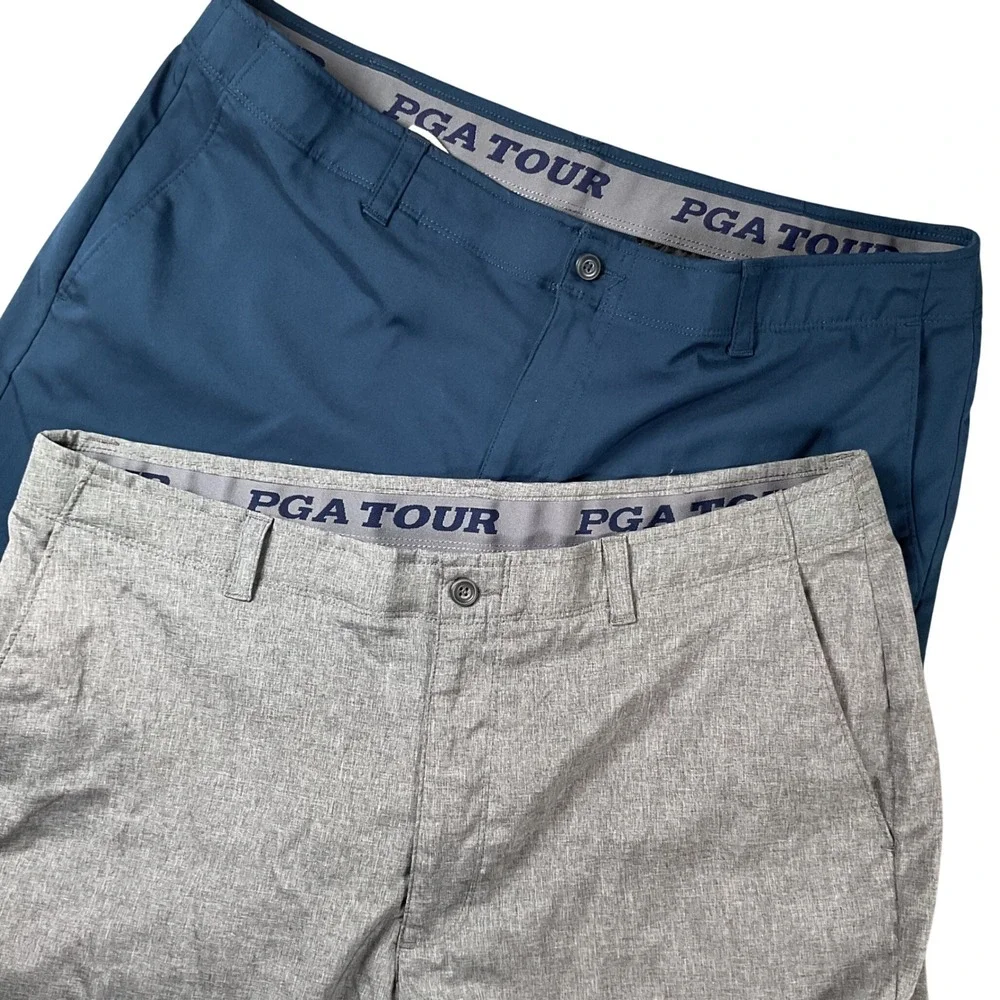 2 PGA TOUR Mens Golf Shorts Blue  Grey Flat Front‎ Stretch Performance Sz 38